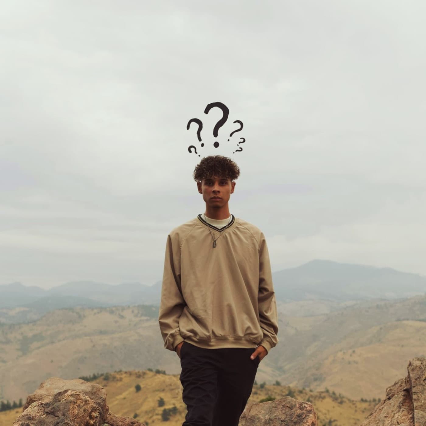 ADRO WHO? cover: ADRO WHO? on a mountain ridge under an overcast sky, hand-drawn question marks above his head